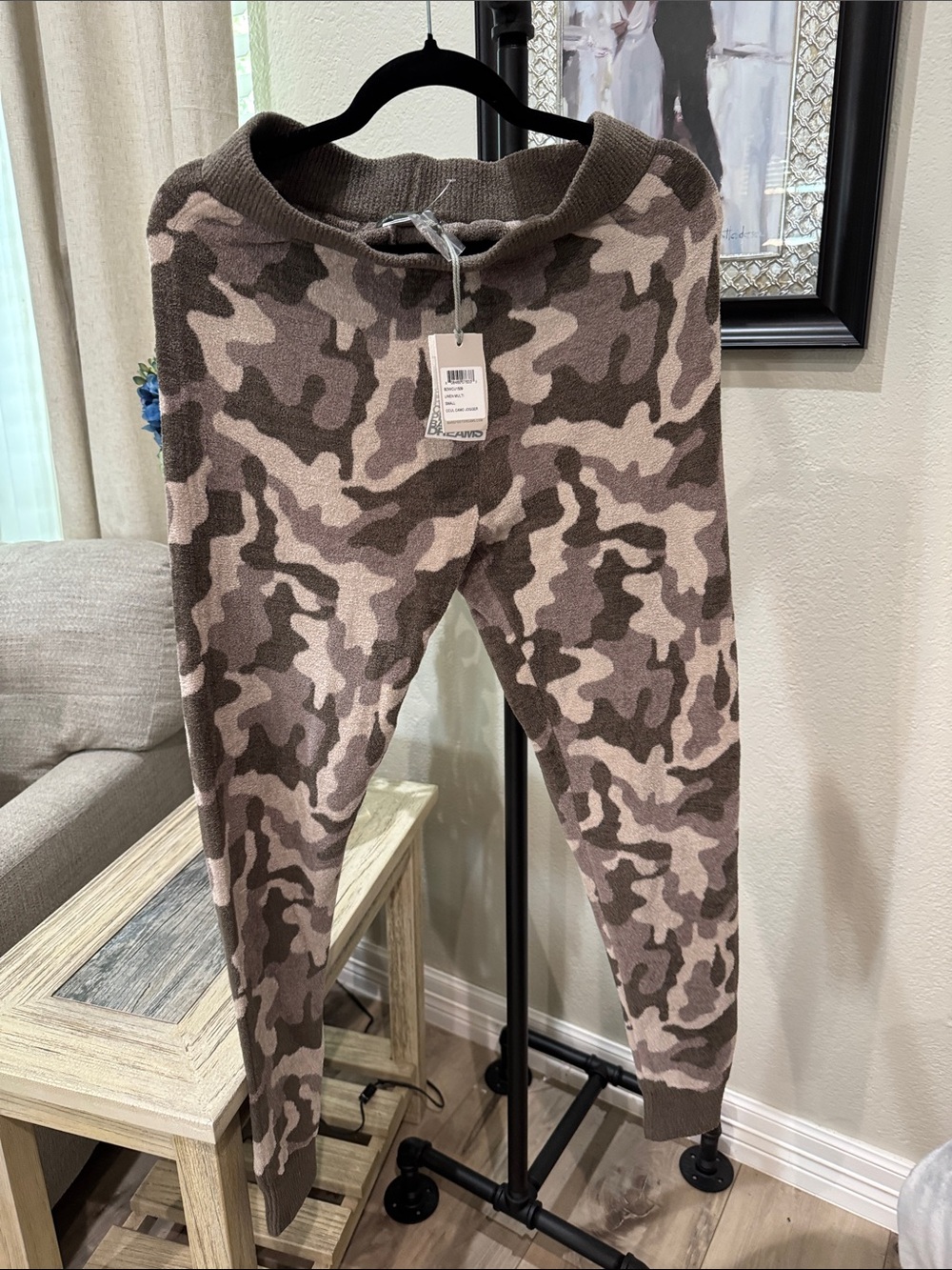 Barefoot Dreams womans Camouflage Knit Joggers in Taupe and Olive
